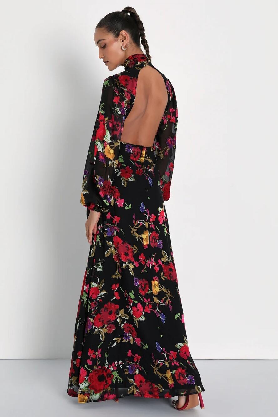 NWOT Lulus Graceful Arrival Black Floral Burnout Backless Maxi Dress Wedding M